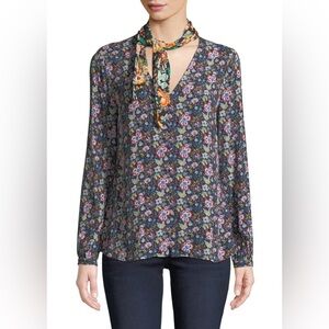 Frame Blouse Womens L Floral Print Open Scarf VNeck Long Sleeve Colorful Button